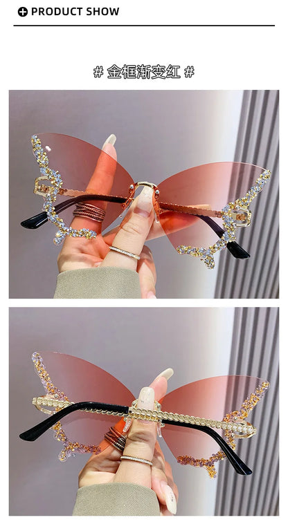 Luxury Butterfly Diamond Sunglasses Ladies Large Rimless Glasses Fashion Personalised Stage Performance Glasses Party Essentials