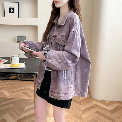 Casual Purple Denim Jacket for Women Loose Long-sleeved Autumn Outerwear Korean Style