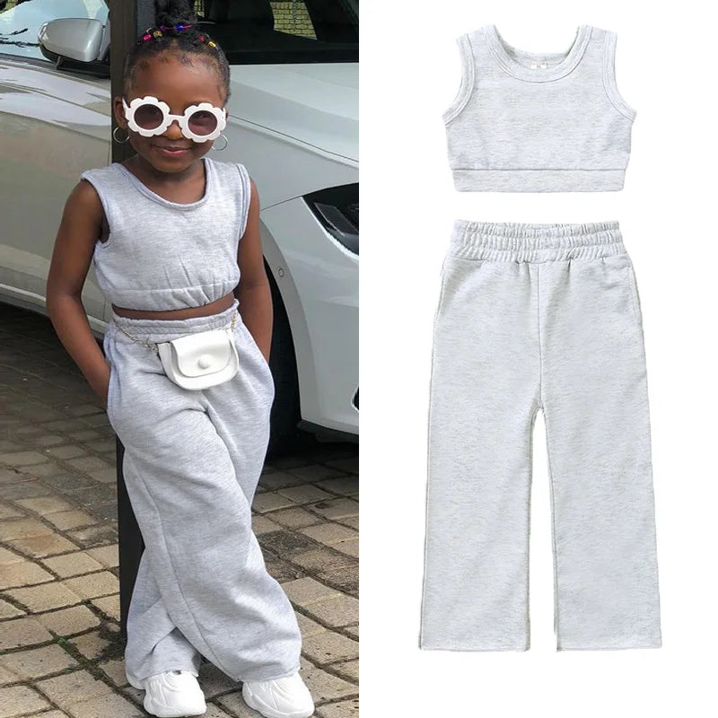 Fashion Kids Little Girls Clothing 2 Pieces Sets Cotton Solid Casual T-shirt+Elastic Waist Pants Young Children Outfits 1-6Y