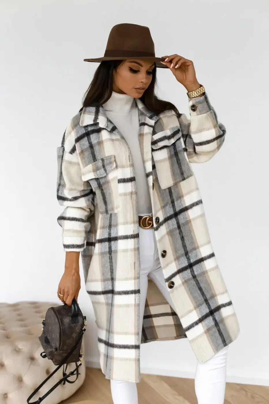 Women's Plaid Long Sleeve Shirt Jacket Medium-length Printing Women's Clothing