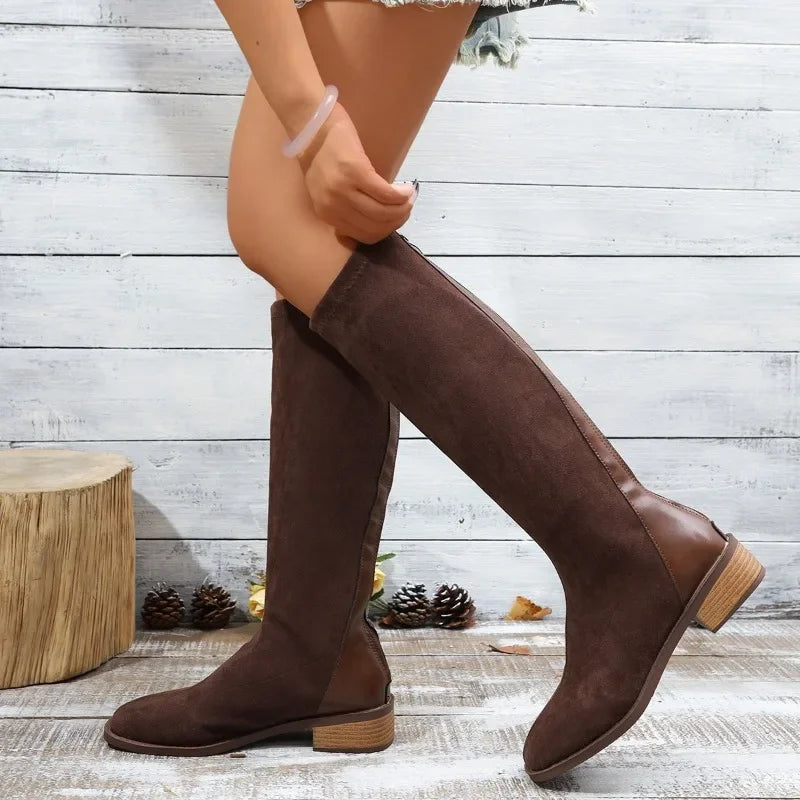 Women's Fashion Boots Spring and Autumn New Style Round Toe Back Zipper Knee-high Boots Women Stitching High Boots Simple Boots