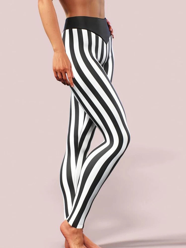 Fitness Jeggings Workout Pencil Pants Sexy Leggings Women Fashion High Waist Black White Striped Printed Leggins Elastic Gym