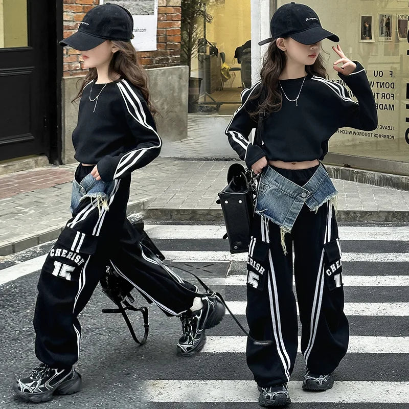 2025 spring teen girl American spliced denim drawstring work pants junior kid casual floor sports Wide leg trousers short hoodie