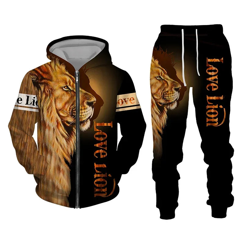 Men Zipper Hoodie Suit Autumn Winter Tracksuit Animal Lion 3D Print Sweatshirts Pants Sets Casual Oversize Clothing High-quality