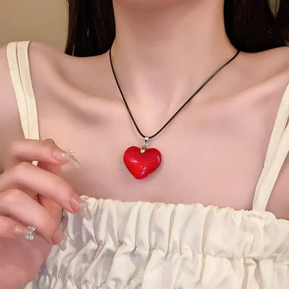 Red Heart Pendant Necklace For Women Girls Glass Crystal Necklace Black Leather Rope Chain Necklaces Y2k Jewelry Friends Gift