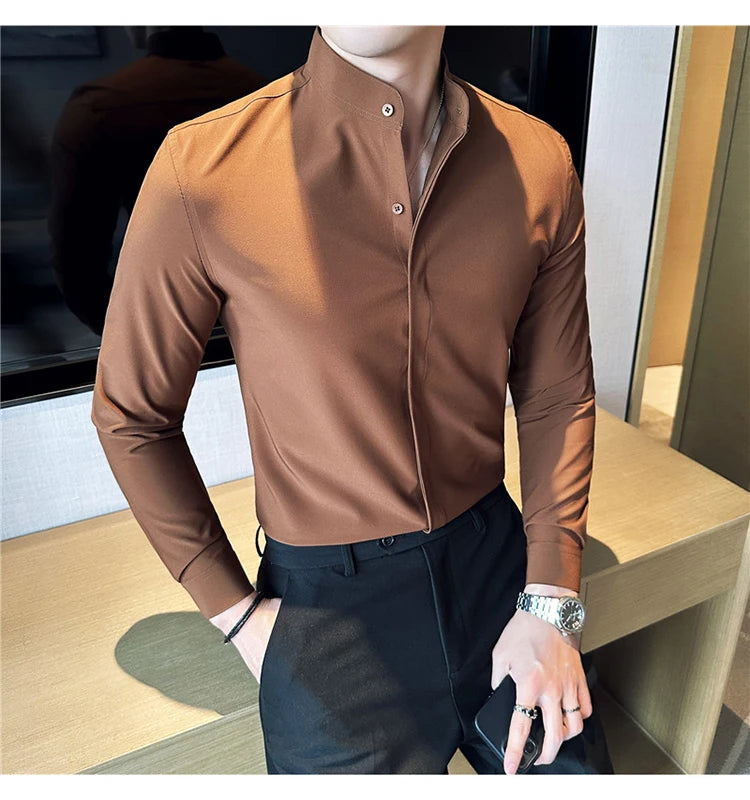 2024 New Stand Collar Luxury Shirts For Men High Quality Hide Buttons Design Solid Slim Fit Business Party Wedding Dress Shirts