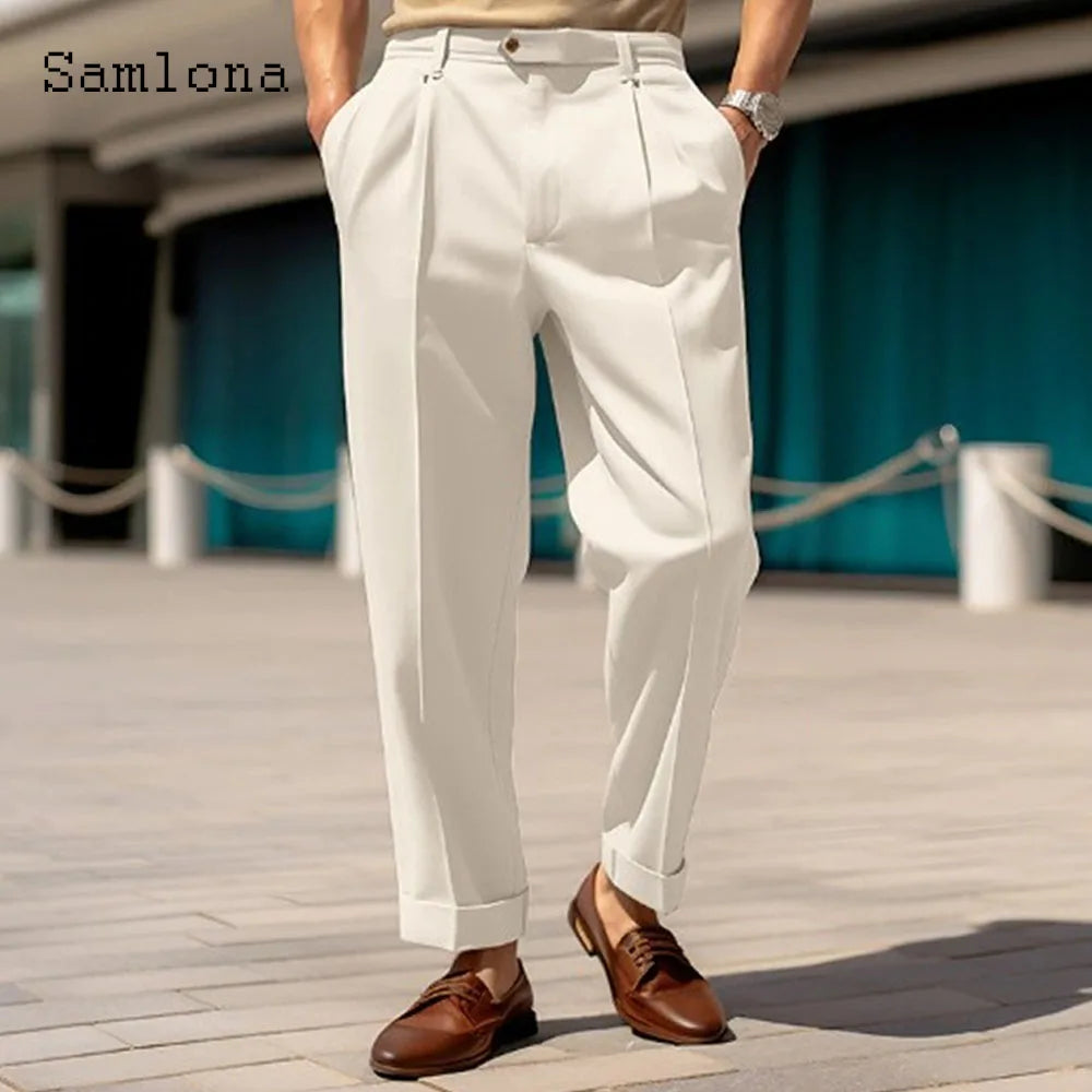 Men's Stand Pocket Formal Wide Leg Pants Men Elegant Party Wedding Trouser Plus Size Mens Fashion Triple Buttons Suit Pants