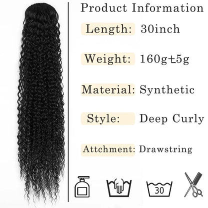 Long Deep Curly Drawstring Ponytail for Women Synthetic Ombre Curly Wave Ponytail Extensions Kinky Curly Hairpiece Horse Tail