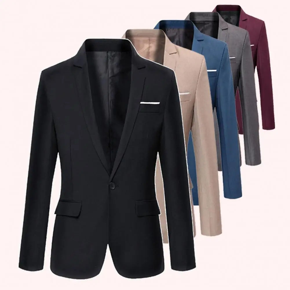 Flap Pockets Long Sleeve Men Blazer Solid Color Single Button Men Formal Blazer Lapel Suit Jacket Business Blazer Male Clothing