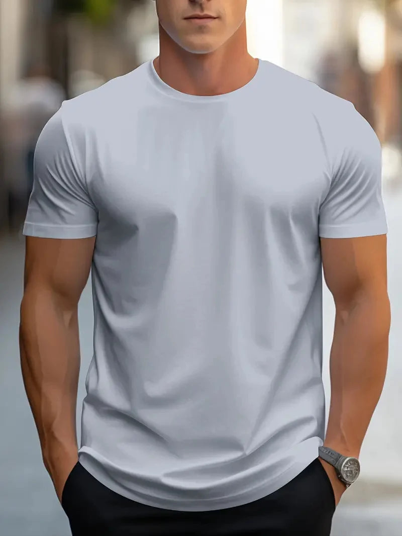 Men's Fashion Round Neck Printed T-Shirt Short Sleeve Solid Color Streetwear Loose Fit Summer Top