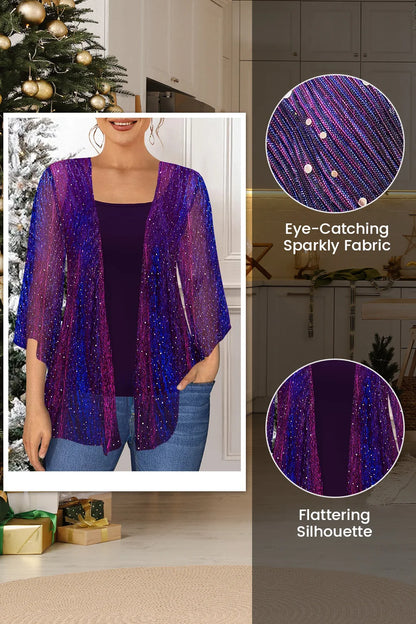 Flycurvy Plus Size Christmas Purple Sparkly Glitter Fabric Kimono Two Pieces Blouse Cover Up Tops with Vest