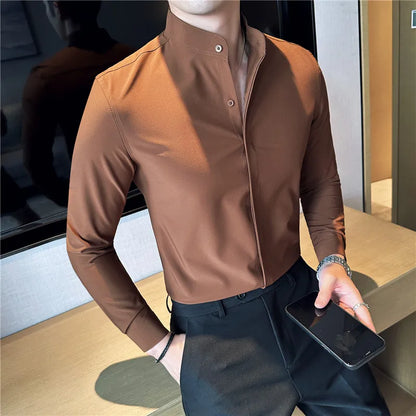 2024 New Stand Collar Luxury Shirts For Men High Quality Hide Buttons Design Solid Slim Fit Business Party Wedding Dress Shirts