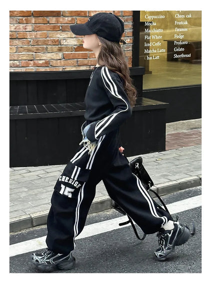 2025 spring teen girl American spliced denim drawstring work pants junior kid casual floor sports Wide leg trousers short hoodie