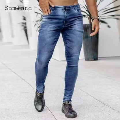 Samlona Jeans Mens Fashion Skinny Denim Pant Male Streetw New Patchwork Demin Pants Sexy Jeans Blue Grey Pencil Trouser