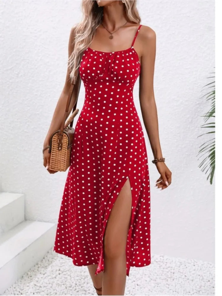 Summer Sexy Spaghetti Straps Dress Women Fashion Polka Dot Print Sleeveless Slit Dress Boho Casual Beach Midi Dresses