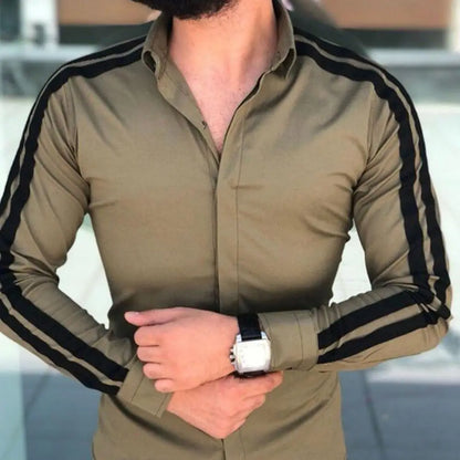 Long Sleeve Turn-down Collar Men Shirt Button Cuffs Side Striped Slim Office Shirt Leisure Clothing Casual Shirt korean popular