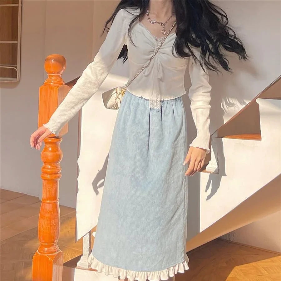 Solid T-shirts Women Spicy Girls Lace Patchwork Shirring Long Sleeve Korean Fashion Simple All-match Sweet Spring Cozy trendy