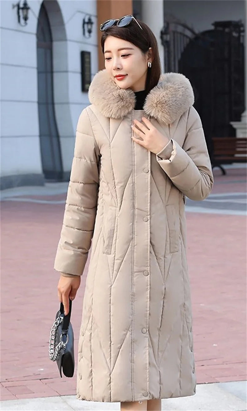 New Snow Wear Coat Women Parkas Fur Collar Down Cotton Jacket Warm Female Loose Long Winter Jackets Puffer Parka Outerwear