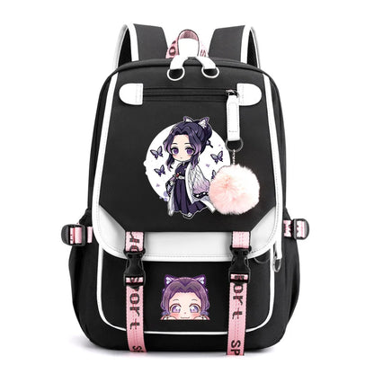 Cute Kawaii Kochou Shinobu Pattern Backpack Teenage Street Anime Backpack Kochou Shinobu Backpack USB Backpacks