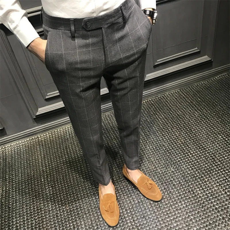 Spring Plaid Casual Trousers For Men Slim Fit Korean Style Cropped Pants Trendy Suit Pants Man's Slacks Fashionable Shorts