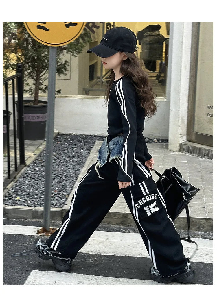 2025 spring teen girl American spliced denim drawstring work pants junior kid casual floor sports Wide leg trousers short hoodie