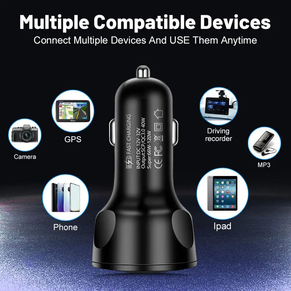 4 Ports USB 3.0 Car Charger 66W Fast Charging Quick Charge Car Mobile Phone Charger Adapter For iPhone 14 13 mi