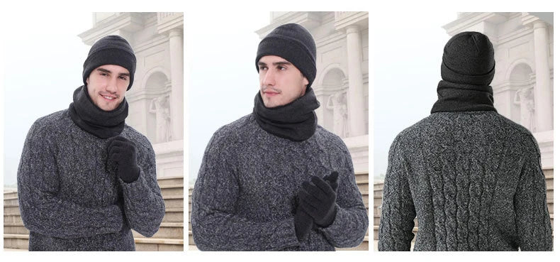 Men's Autumn Winter Keep Warm Set Unisex Beanie Gloves Scarf Male Woolen Yarn Knit Muffler Solid Color Hat Wholesale Drop Ship