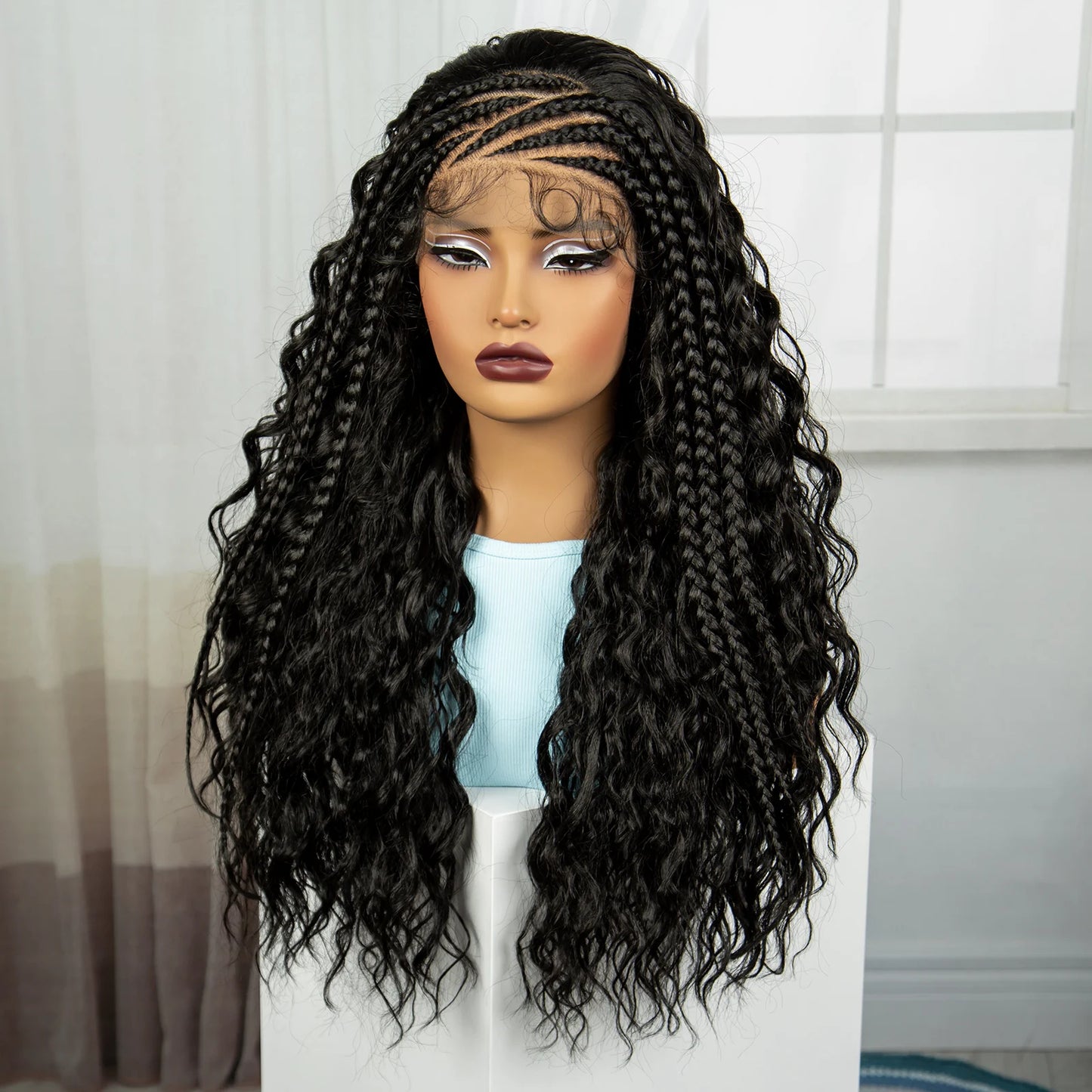 26 Inch Natural Water Wave Synthetic Braided Wigs Lace Braided Wig Curly Knotless Box Braids Wigs With Baby Hair for Black Woman