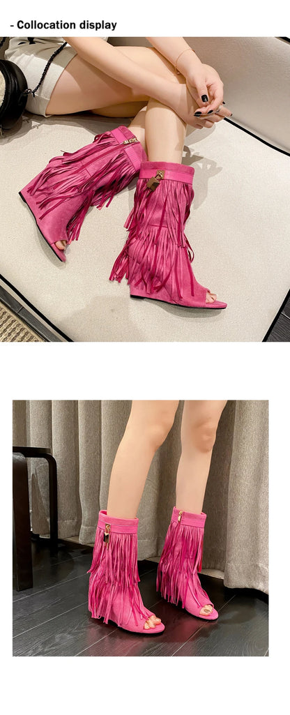 Eilyken Designer Fringe Wedges  Boot Sandals Woman High Heels Open Toe Party Prom Shoes 2024 Sexy Zipper Female Pumps