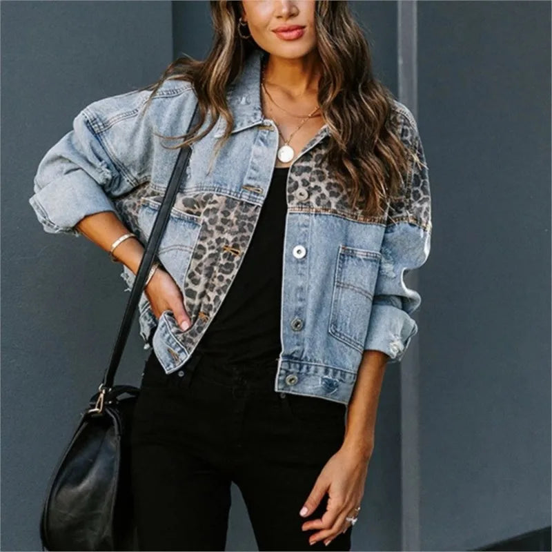 Leopard Stitched Denim Jacket for Women Fashion Outerwear with Long Sleeves Lapel Button-up Chest Pocket Top