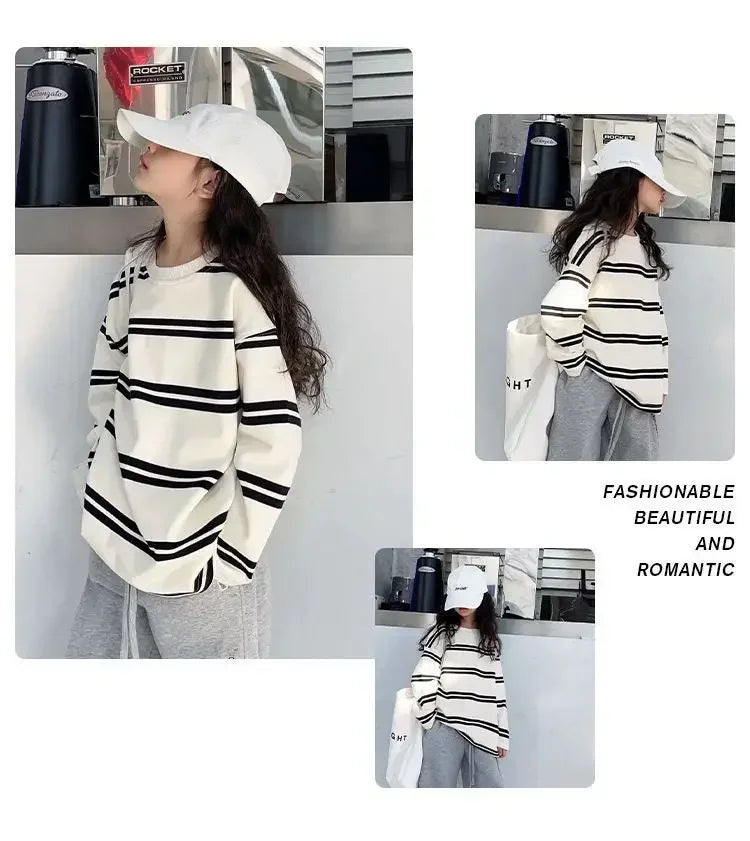 2024 Korea Style Simple Kids Clothes Girl 2Pcs Set Clothing Long Sleeve Striped+Loose Pant Outfits for Teen Girl 6 8 10 12 14Y