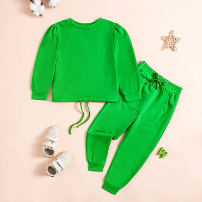 Spring New Girls Fashion O Neck Long Sleeve Pullover Top + Pants 2 Pieces Set Casual Kids Clothes