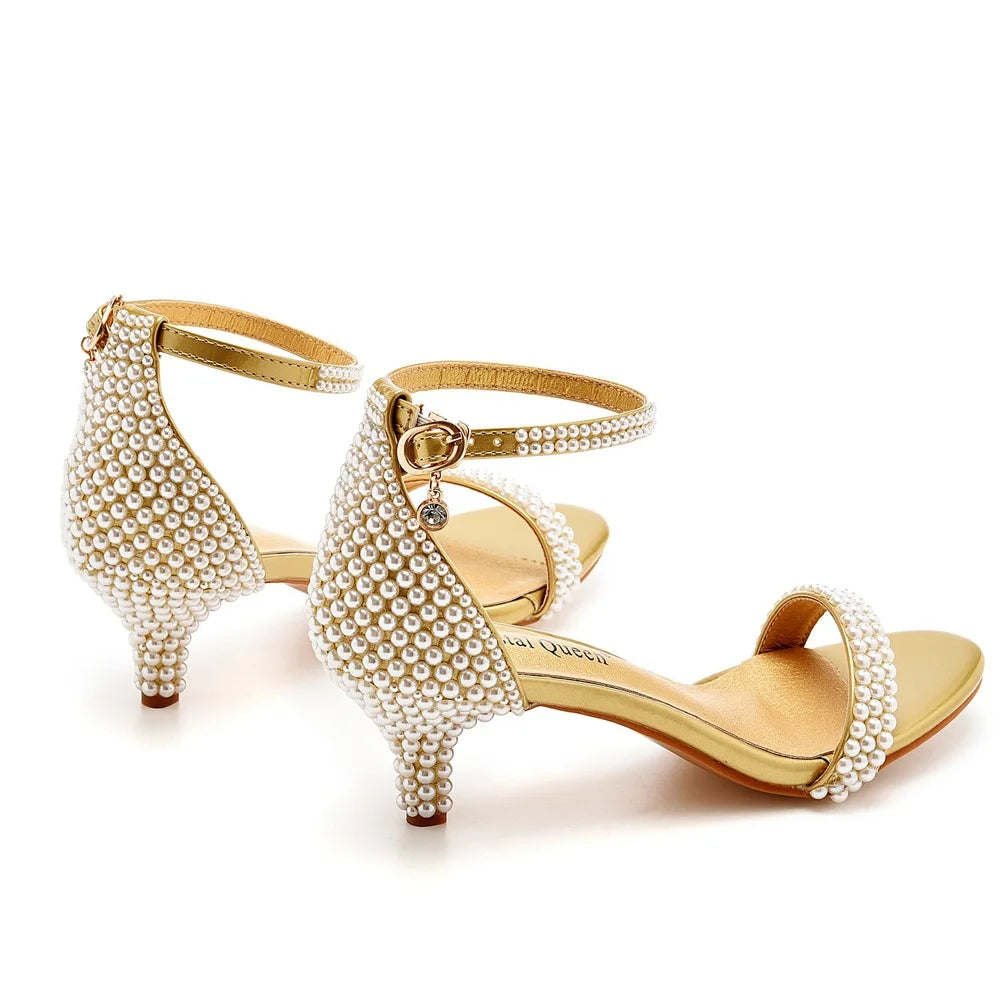 Summer High-heeled Women's Sandals String Bead PU 5CM Thin Heels Buckle Strap Wedding Dress Women's Shoes Golden Middle Heels