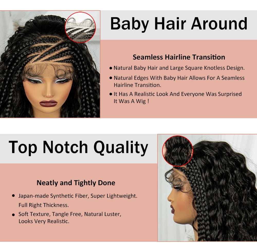 26 Inch Natural Water Wave Synthetic Braided Wigs Lace Braided Wig Curly Knotless Box Braids Wigs With Baby Hair for Black Woman