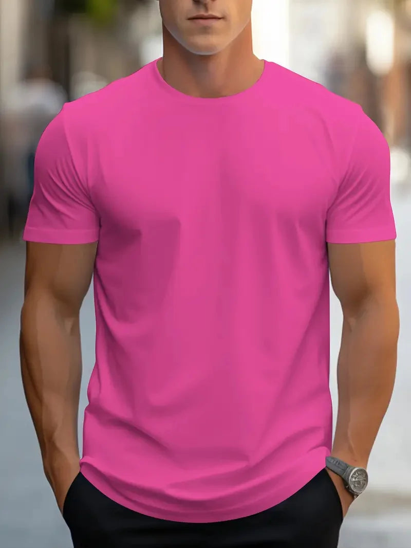 Men's Fashion Round Neck Printed T-Shirt Short Sleeve Solid Color Streetwear Loose Fit Summer Top