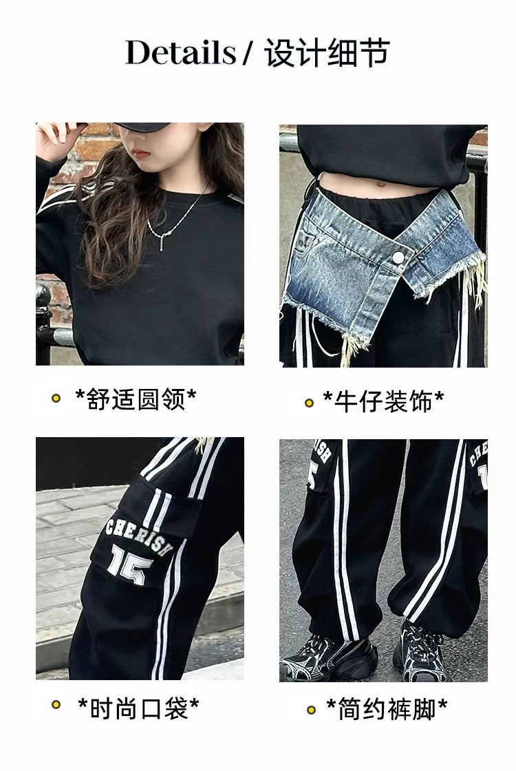 2025 spring teen girl American spliced denim drawstring work pants junior kid casual floor sports Wide leg trousers short hoodie