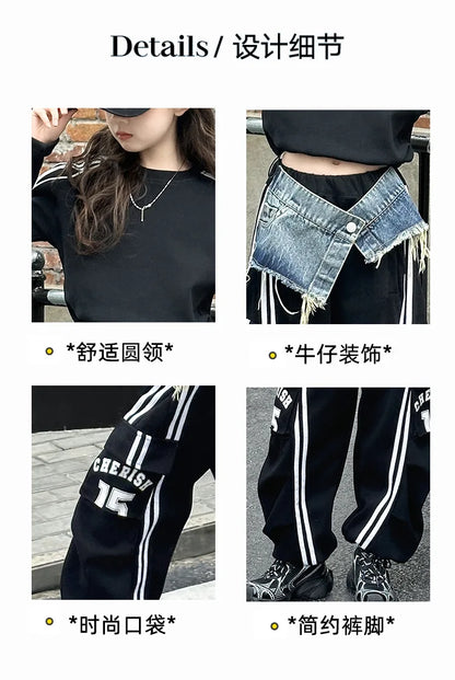 2025 spring teen girl American spliced denim drawstring work pants junior kid casual floor sports Wide leg trousers short hoodie