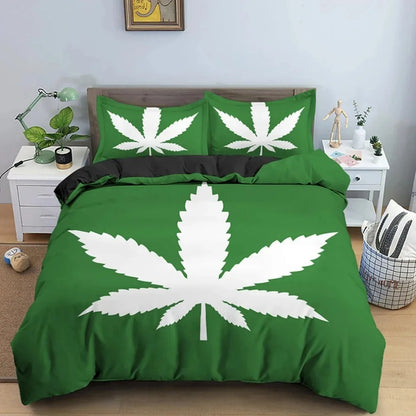 Psychedelic Weed Leaves Bedding set,Marijuana Leaf Duvet Cover,Vibrant Green Colorful Printed Bed Sheet Set