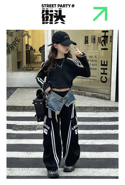 2025 spring teen girl American spliced denim drawstring work pants junior kid casual floor sports Wide leg trousers short hoodie