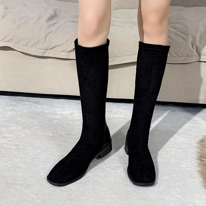 Women's Fashion Boots Spring and Autumn New Style Round Toe Back Zipper Knee-high Boots Women Stitching High Boots Simple Boots