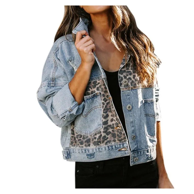 Leopard Stitched Denim Jacket for Women Fashion Outerwear with Long Sleeves Lapel Button-up Chest Pocket Top