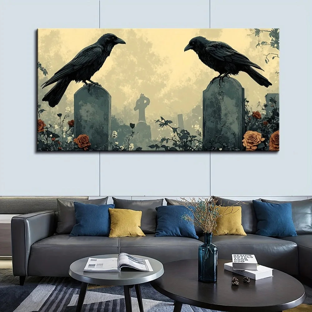 1.5 inch thick pine solid wood frame, Halloween crow and floral tombstone canvas art wall decoration