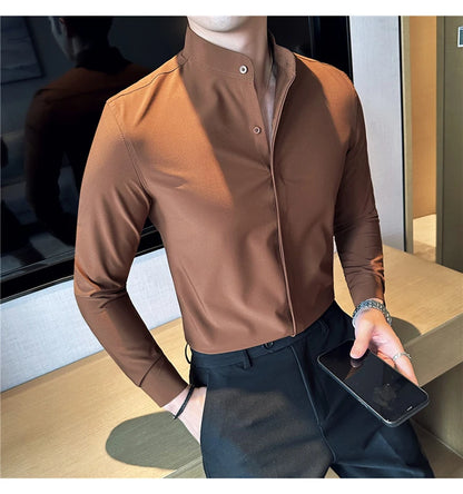 2024 New Stand Collar Luxury Shirts For Men High Quality Hide Buttons Design Solid Slim Fit Business Party Wedding Dress Shirts