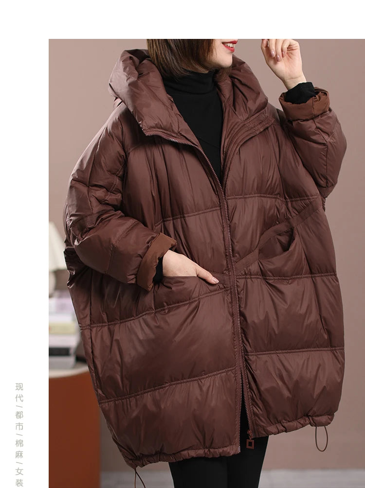 2023 New Winter Women's White Duck Down Loose Jacket Hooded Women's Thick Warm Coat Casual Large Panel Coat Women Jacket