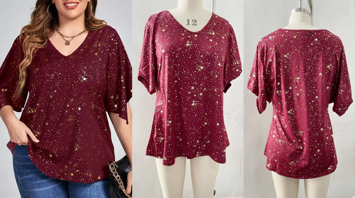 Flycurvy Plus Size Summer Casual Tops Christmas Burgundy Sparkly Bronzing Print V Neck Half Sleeve Blouse