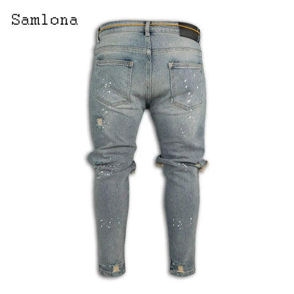 Samlona Jeans Mens Fashion Skinny Denim Pant Male Streetw New Patchwork Demin Pants Sexy Jeans Blue Grey Pencil Trouser