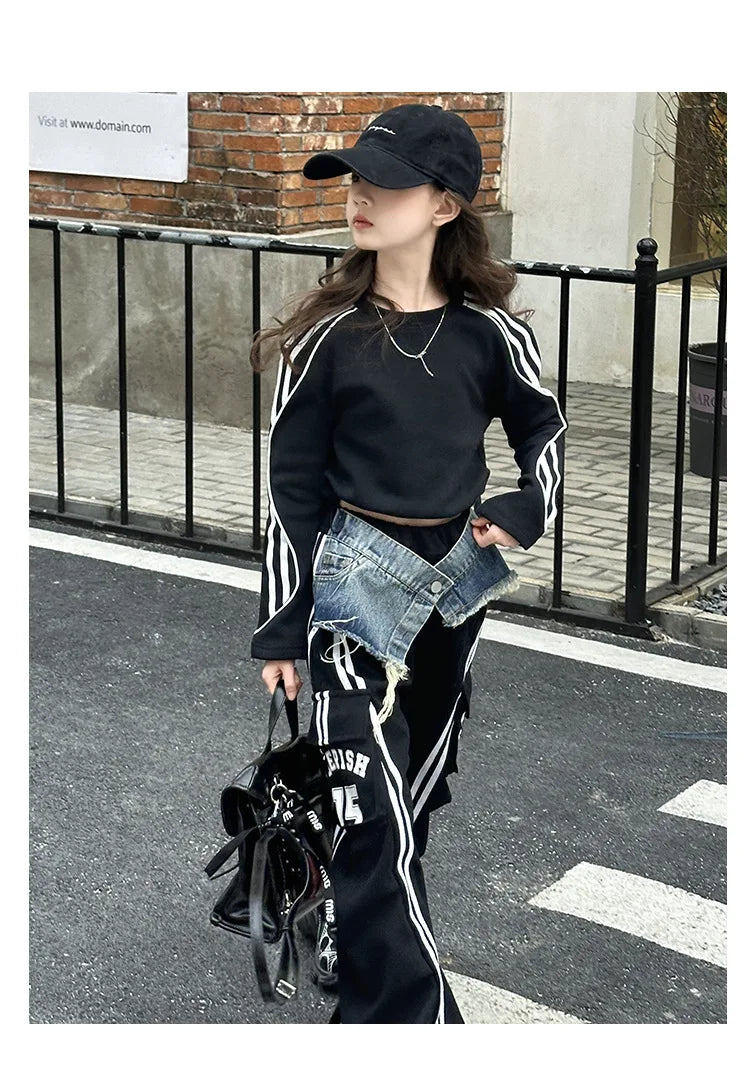 2025 spring teen girl American spliced denim drawstring work pants junior kid casual floor sports Wide leg trousers short hoodie