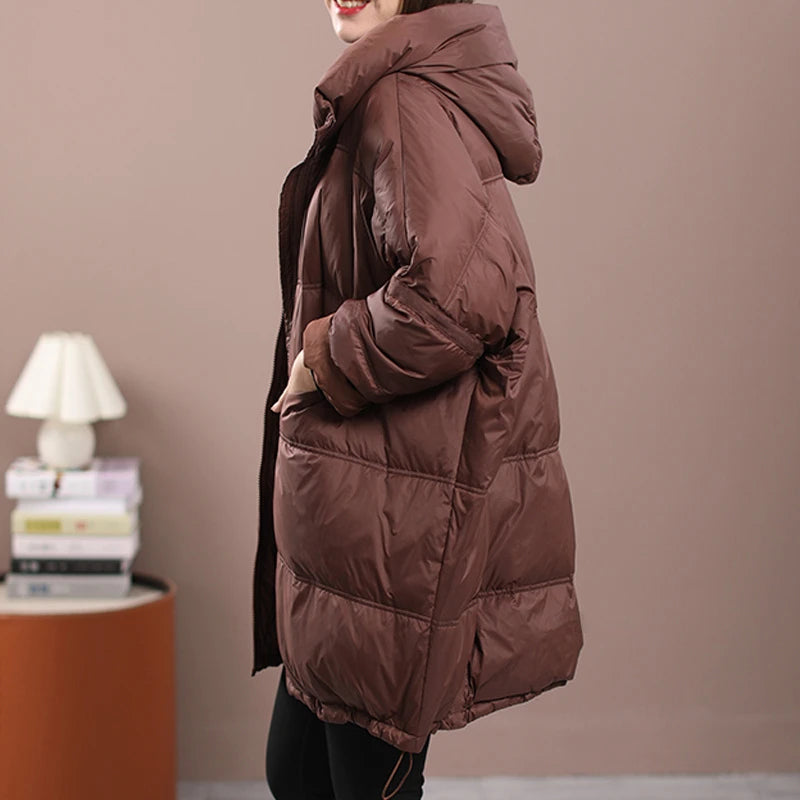 2023 New Winter Women's White Duck Down Loose Jacket Hooded Women's Thick Warm Coat Casual Large Panel Coat Women Jacket