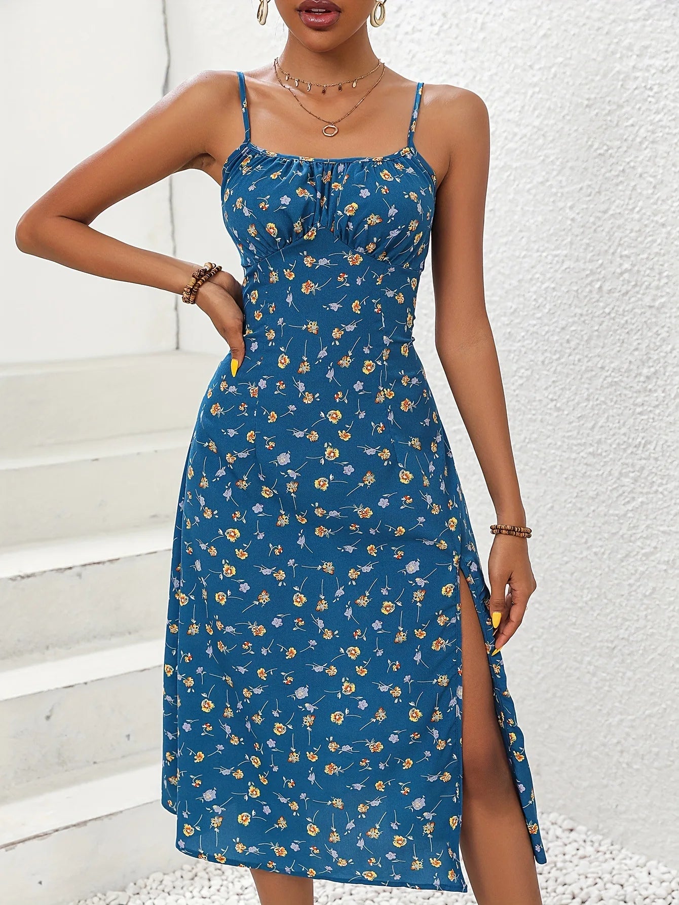 Summer Sexy Spaghetti Straps Dress Women Fashion Polka Dot Print Sleeveless Slit Dress Boho Casual Beach Midi Dresses