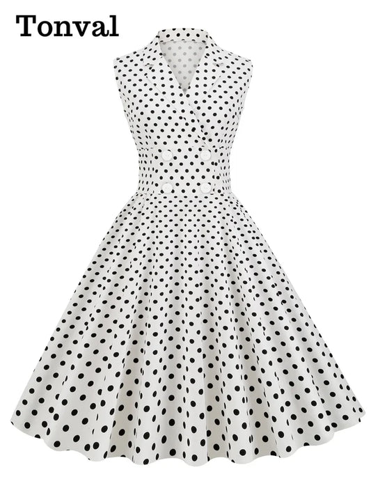 Tonval Notched Collar Double Breasted White Cotton Dresses Women Sleeveless Polka Dot Vintage Rockabilly Midi Dress